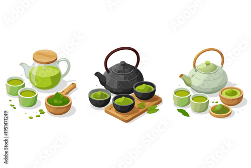 Traditional Japanese matcha tea ceremony set with teapots, cups, and powder