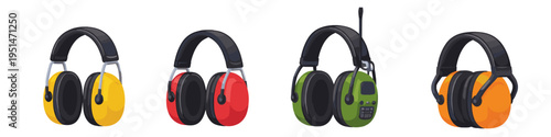 Set of four colorful industrial earmuffs for hearing protection and noise reduction