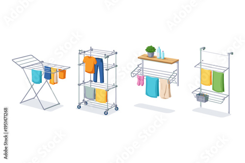 Collection of various clothes drying racks with laundry items displayed
