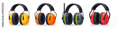 Set of four colorful industrial earmuffs for hearing protection on white background