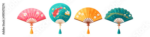 Collection of four decorative oriental folding fans with tassels and intricate designs