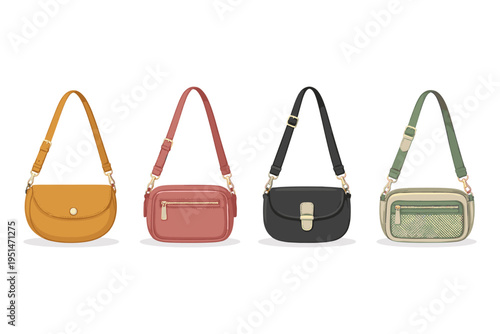 Collection of four stylish crossbody bags in different colors and designs