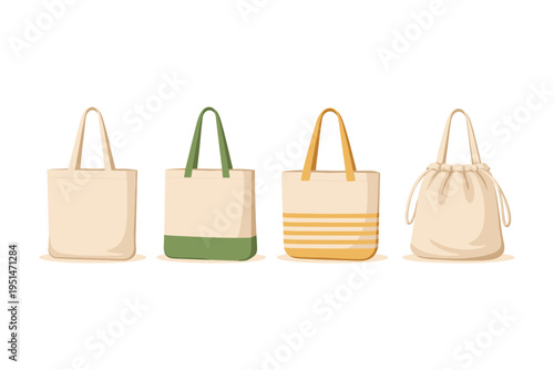 Collection of four different reusable shopping bags and tote bags with handles