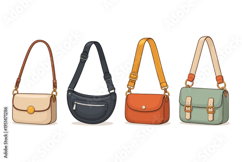 Collection of four stylish handbags in different colors and designs