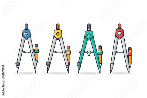 Collection of colorful drawing compasses with pencils for geometric designs
