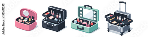 Collection of four diverse makeup cases and cosmetic organizers in isometric view