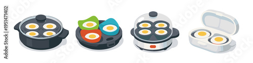 Various egg cooking appliances including a pan, steamer, and portable cooker