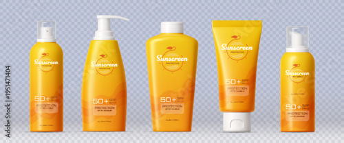 3d sunscreen cream skincare protection cosmetic product bottles mockup in yellow containers with spf 50 plus labeling. Realistic 3d vector bottles with pump, screw and flip caps for all skin types