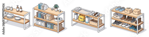 Four modern shelving units displaying various household items and footwear