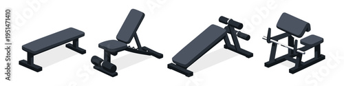 Collection of four isometric gym benches for weight training and exercise routines