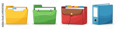 Collection of colorful document folders and binders for organizing papers