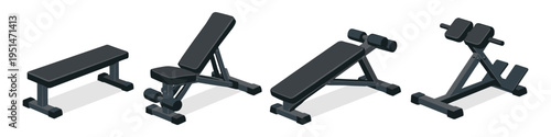 Set of four isometric gym benches for different workout exercises