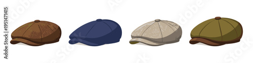 Collection of four flat caps in different colors and textures on a white background