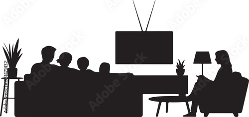 Black silhouette of family watching television together