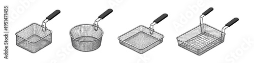 Collection of four different wire mesh fry baskets with black handles on a white background