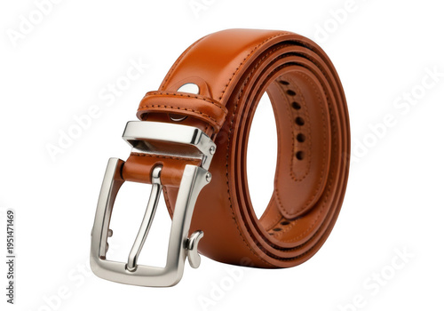 Rolled brown leather belt isolated on transparent background