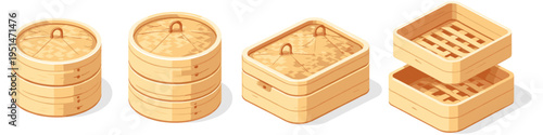Assorted traditional bamboo steamers for cooking dim sum dishes