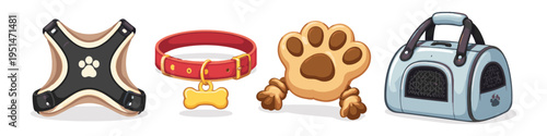 Colorful pet accessories including a harness, collar, paw print, and carrier