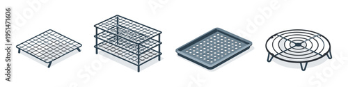 Collection of kitchen cooling racks and baking trays in flat design style