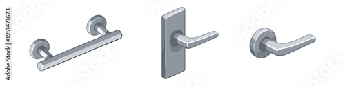 Collection of three modern silver door handles and a towel bar on a white background