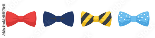 Collection of four different bow ties with various patterns and colors