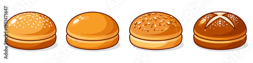 Variety of cartoon-style bread rolls with different toppings and textures