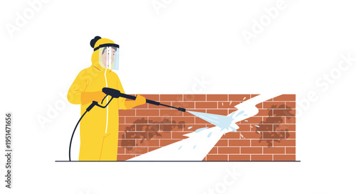 A person in a yellow hazmat suit uses a pressure washer to clean a dirty brick wall on a white background.