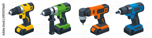 Colorful electric drills set in a modern flat design style