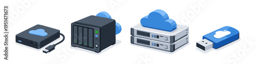 Collection of cloud storage devices including external hard drive, NAS, servers, and USB drive