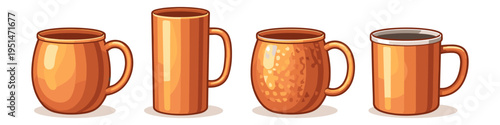 Diverse styles of orange mugs for coffee or tea illustrations