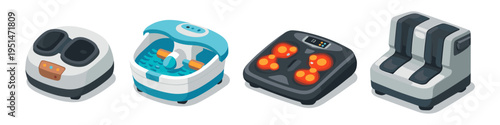 Collection of four different foot massager devices in isometric view