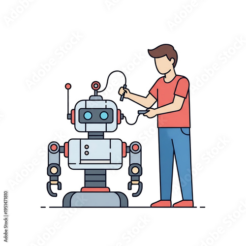 Engineer programming and testing humanoid robot system.