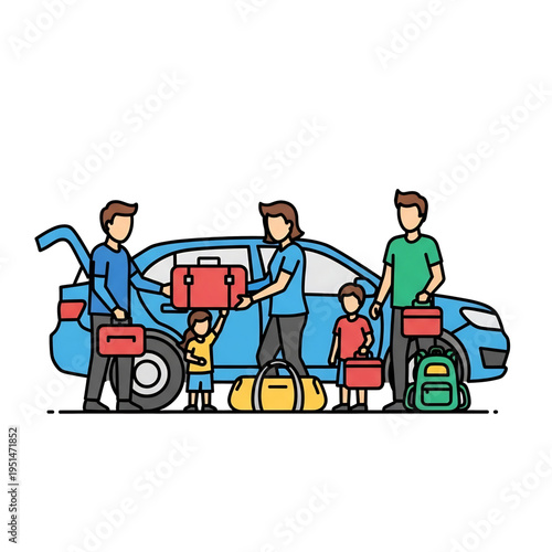 A family is preparing for a trip, packing luggage into a blue taxi car.