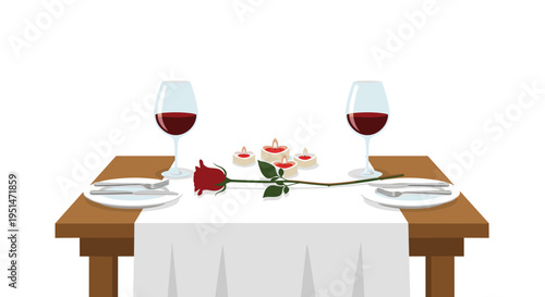 A romantic table setting displays two wine glasses, two plates with cutlery, a red rose, and four lit candles on a white tablecloth.
