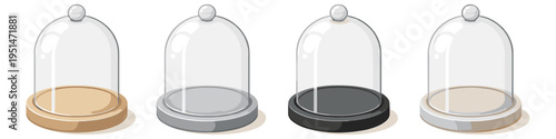 Collection of four empty glass cloches with different bases on a white background