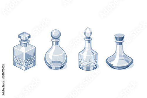 Elegant collection of decorative glass bottles and decanters in digital art style