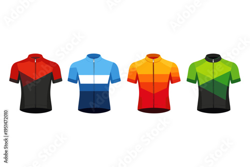 Colorful cycling jerseys in various designs for sports enthusiasts