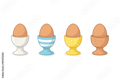 Four cartoon eggs in different decorative egg cups on a white background