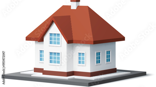 3d home building, village cottage, townhouse residence with brown roof and white walls standing on base platform. Isolated vector realistic residential architecture model real estate property exterior