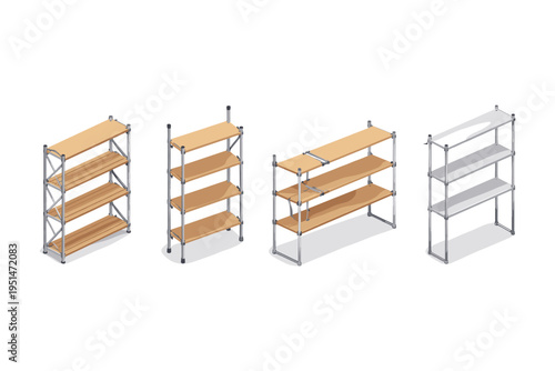 Various modern shelving units with wooden and metal designs