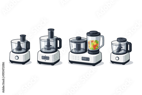 Collection of modern kitchen food processors and blenders with digital displays