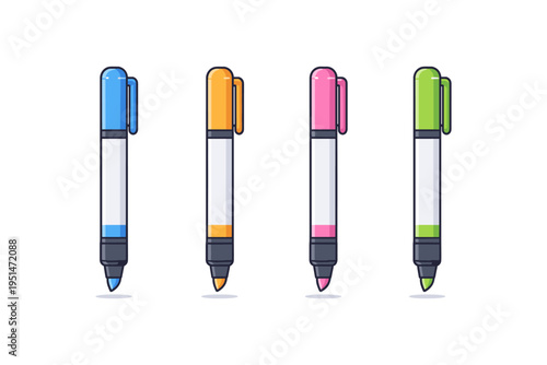 Colorful markers standing in a row with vibrant caps and tips