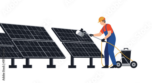 A worker in a hard hat cleans a row of dark solar panels with a long-handled brush connected to a gray cleaning cart.