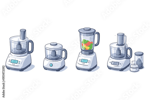 Collection of modern kitchen appliances including food processors and blender