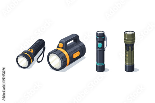 Various flashlight designs with distinct styles and colors