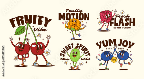 Funny berry groovy characters stickers and t shirt prints. Vibrant retro vector stickers featuring cherry, gooseberry, blueberry, yellow and red raspberry. Funky mascots for cheerful merchandise