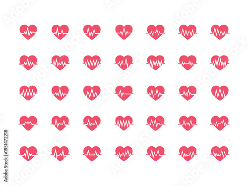 Red heartbeat line collection with heart symbol cardiology ECG EKG medical pulse vector illustration design