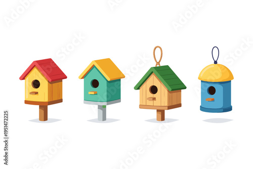 Colorful cartoon-style birdhouses in various designs and shapes