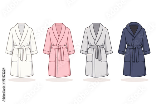 Four different colored bathrobes displayed side by side with a white background