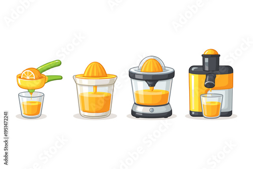Collection of juicers and orange juice in various styles and containers